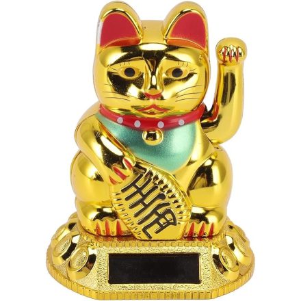 Maneki neko integető cica arany12 cm, napelemes 